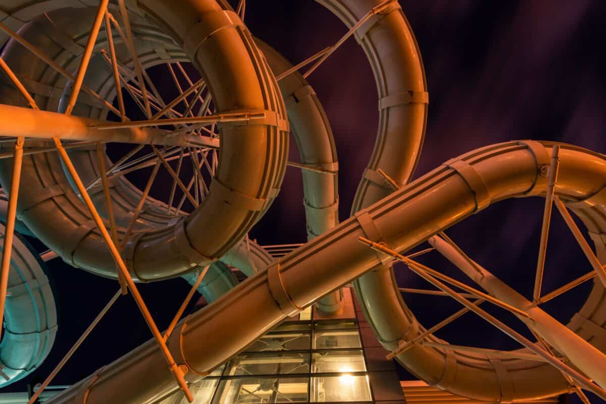 AquaSplash water slide from underneath at night, St. Helier