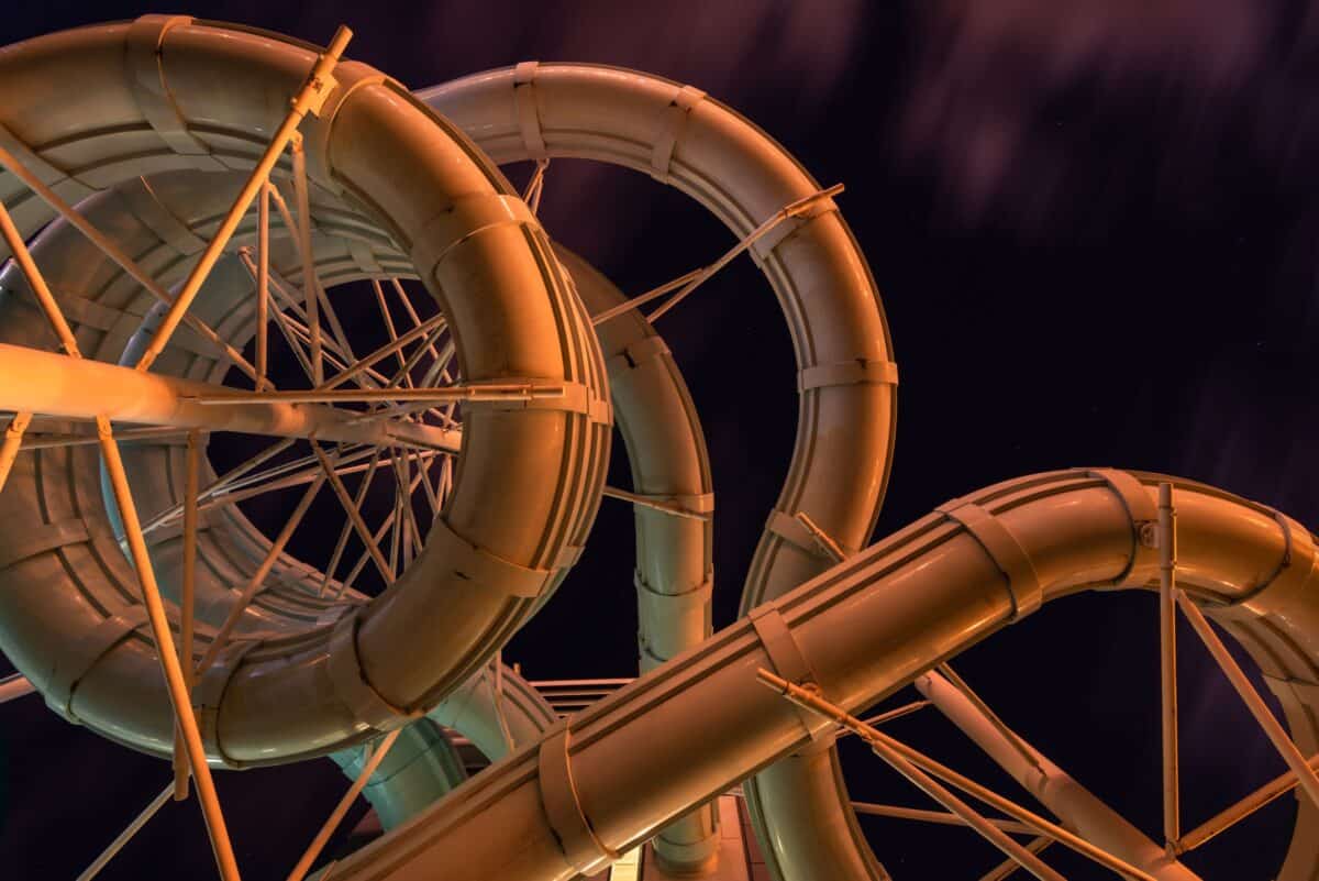AquaSplash water slide from underneath at night, St. Helier