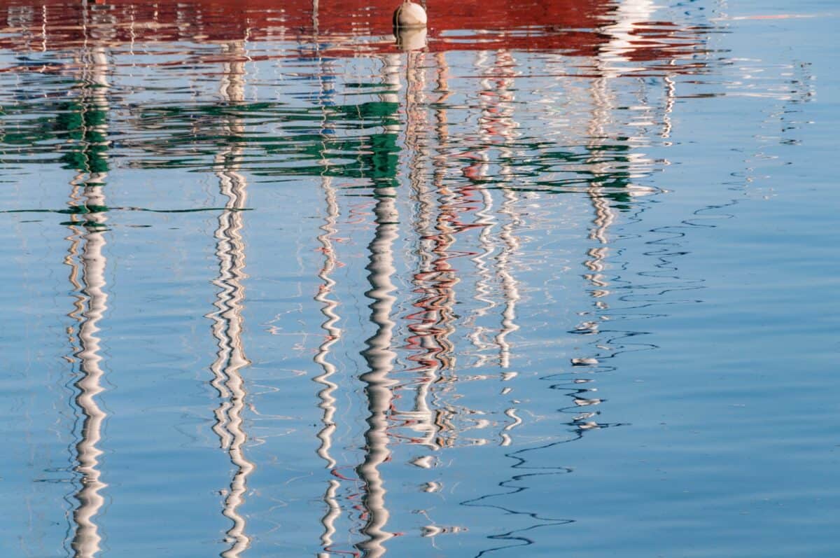 Boat mast reflections from St. Aubin's Pier, St. Aubin Harbour