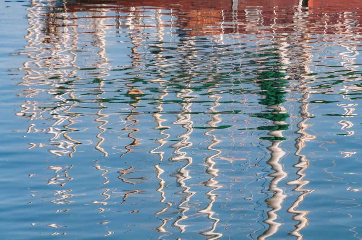 Boat mast reflections from St. Aubin's Pier, St. Aubin Harbour