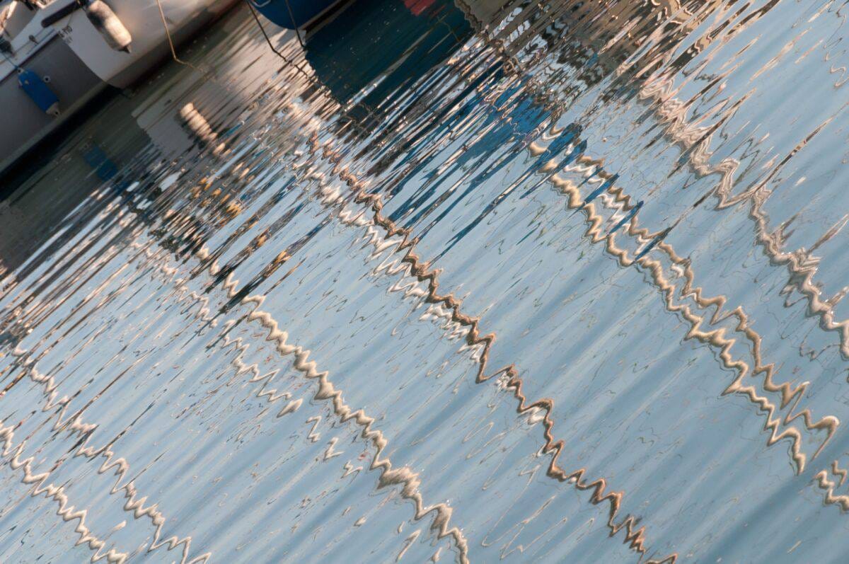 Boat mast reflections from St. Aubin's Pier, St. Aubin Harbour