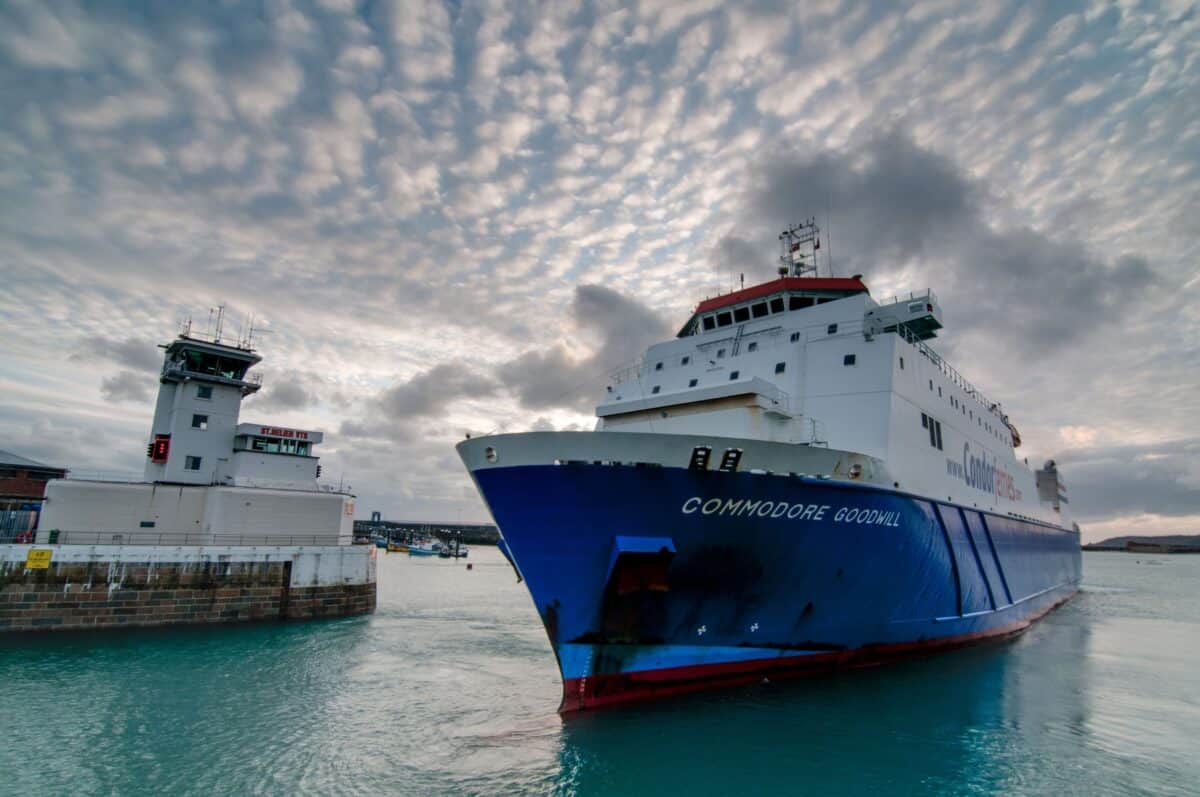 Condor Ferries arriving at the harbour at sunset, Albert Pier