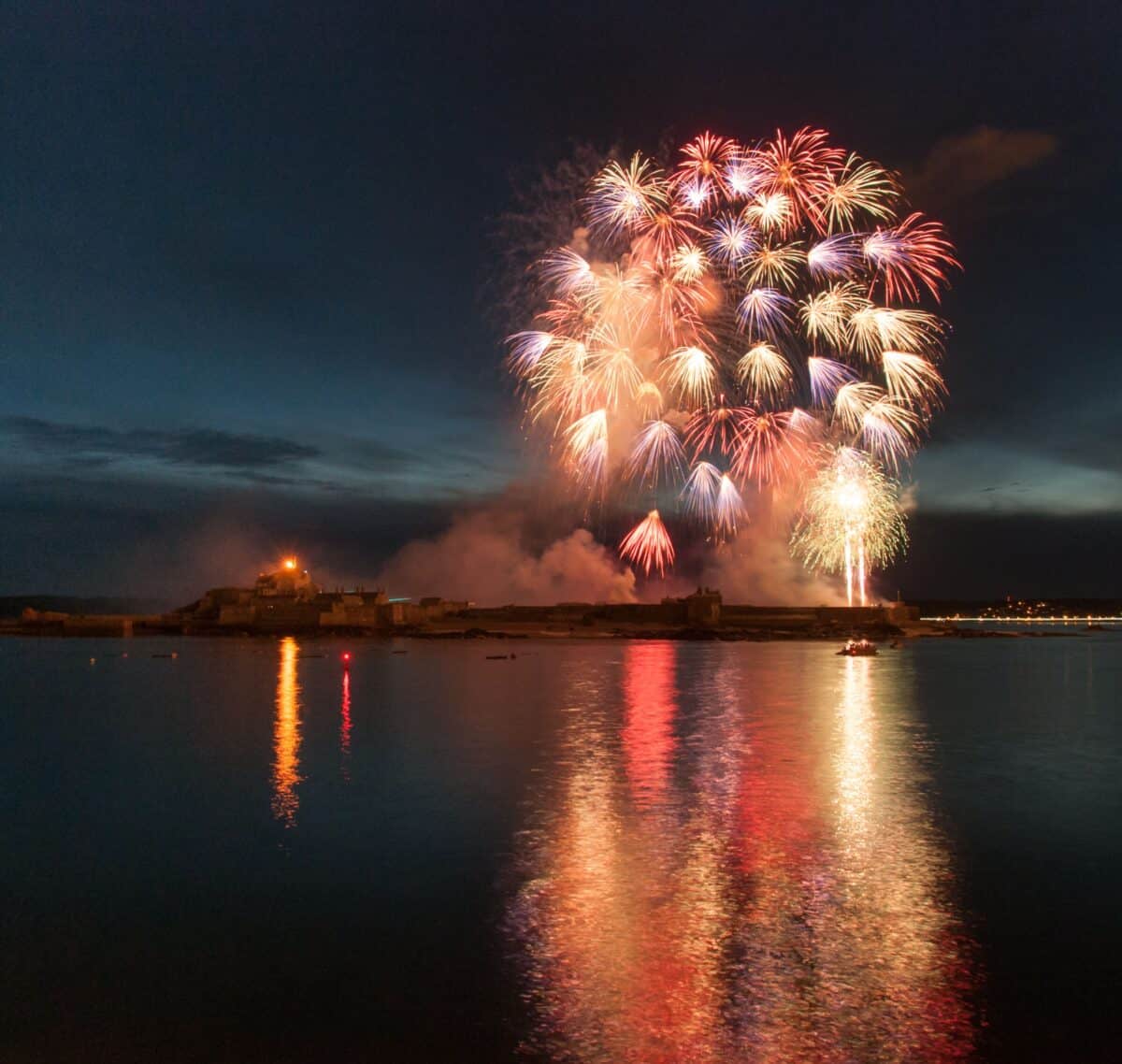 Fireworks over Elizabeth Castle, from La Collette Marina