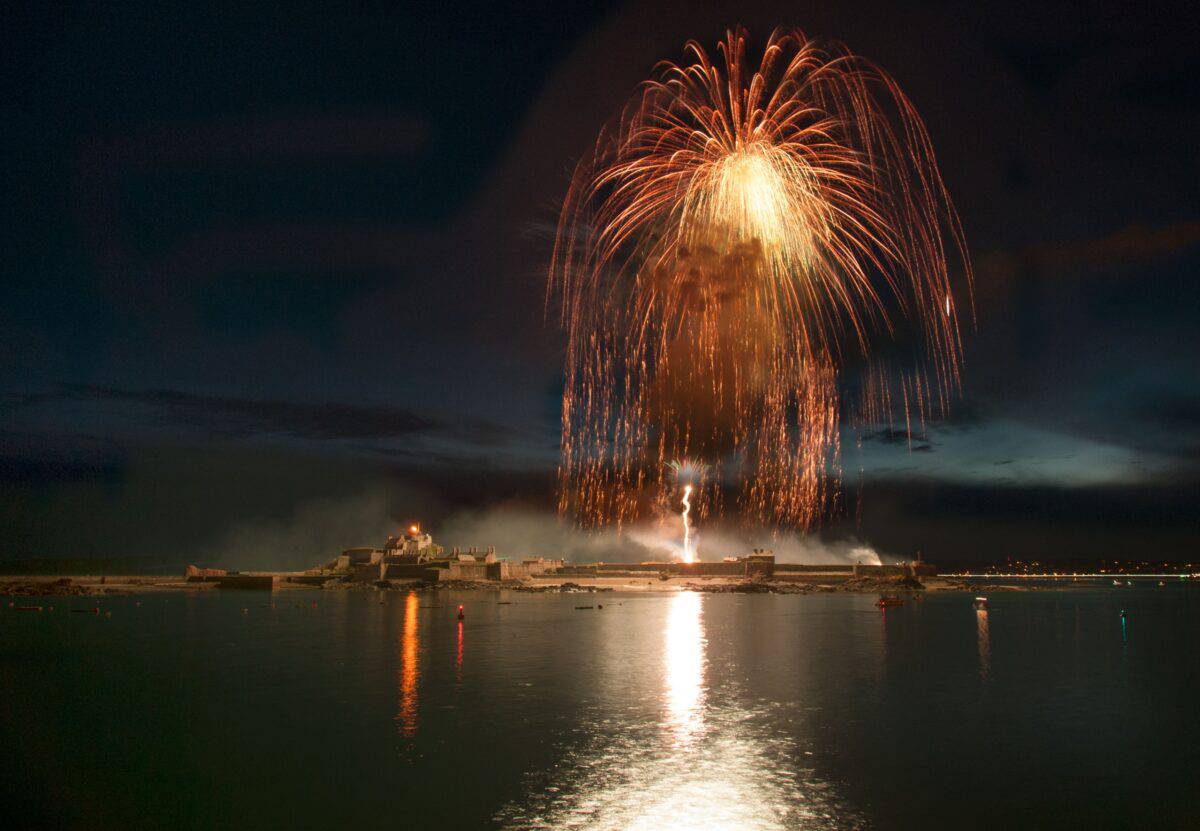 Fireworks over Elizabeth Castle, from La Collette Marina
