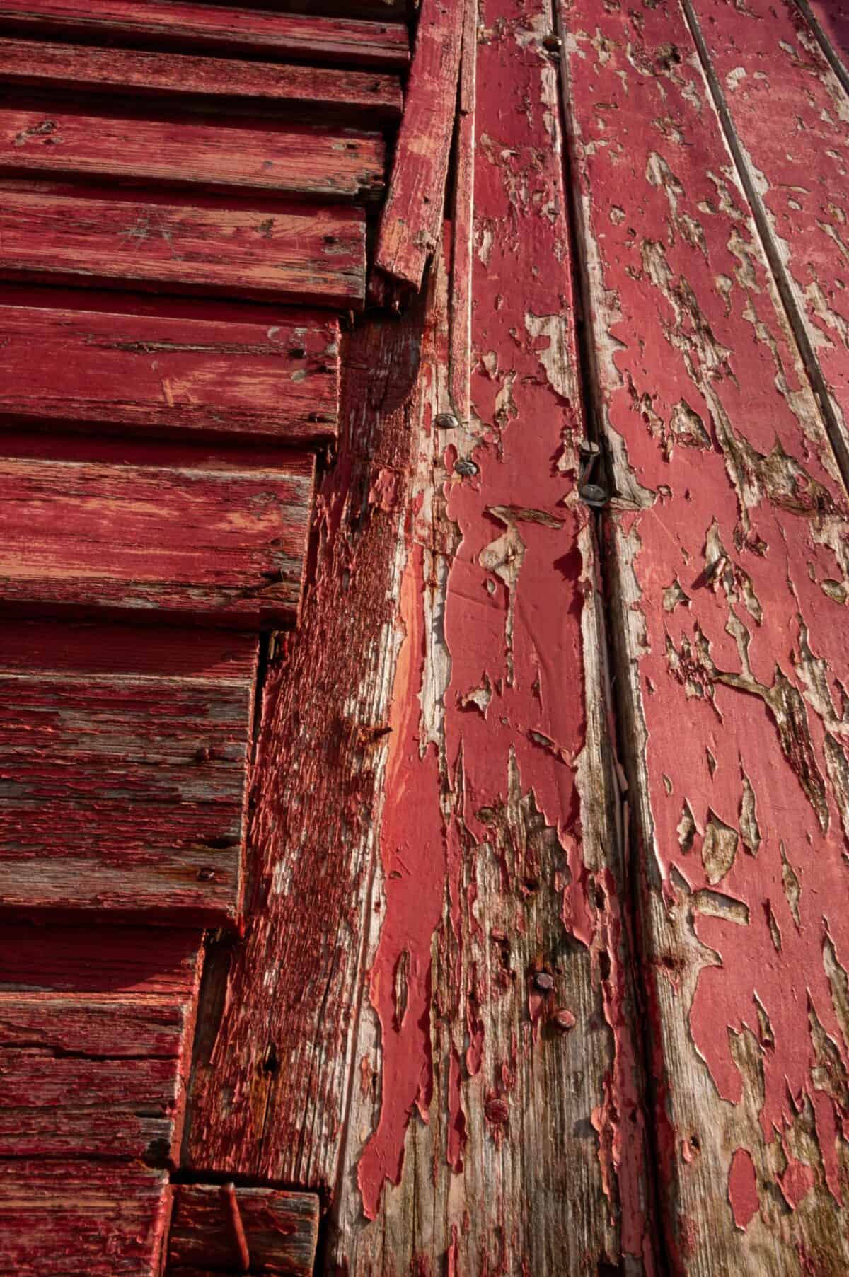 Flaking paint on old red fishing hut on Rozel Pier, Rozel Bay