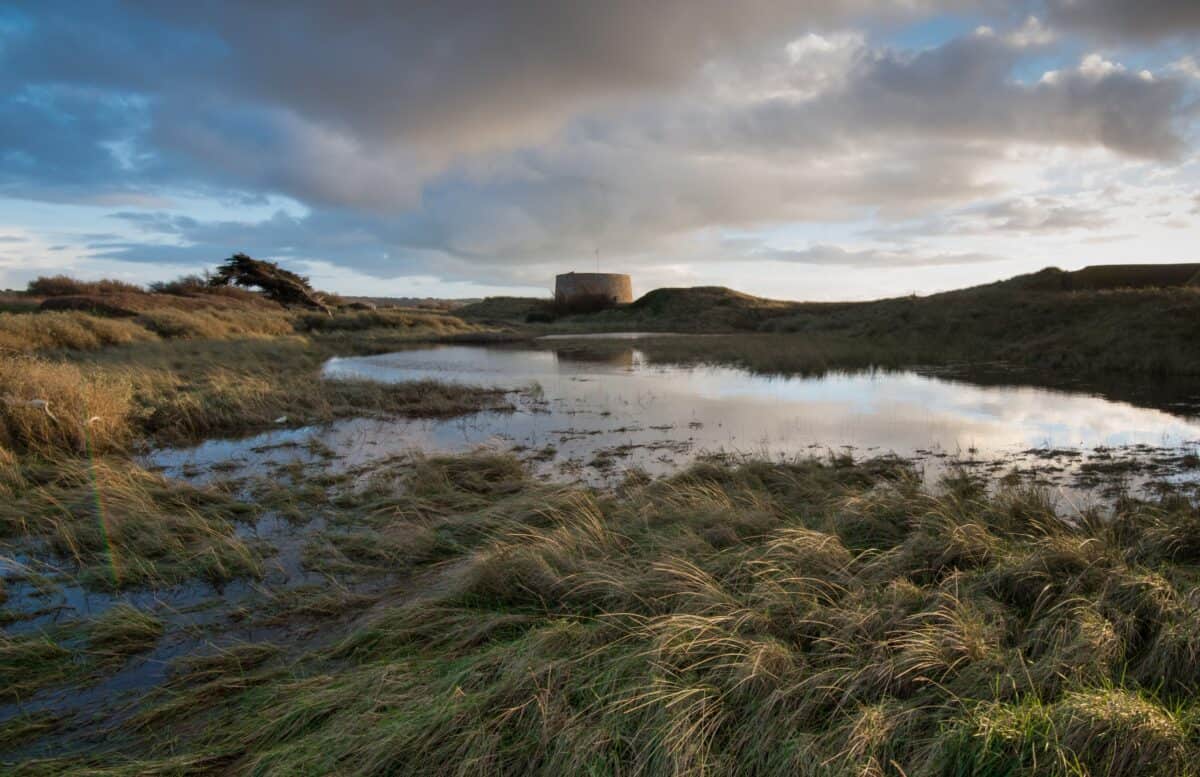 Flood pond after heavy rains, at Kempt Tower, St. Ouen, Jersey