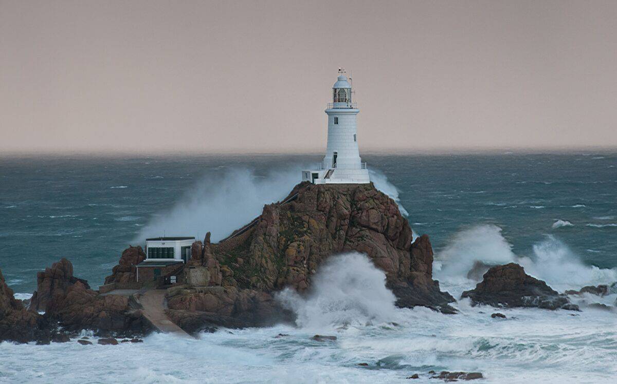Gale force waves hitting Corbière Lighthouse, St. Brelade