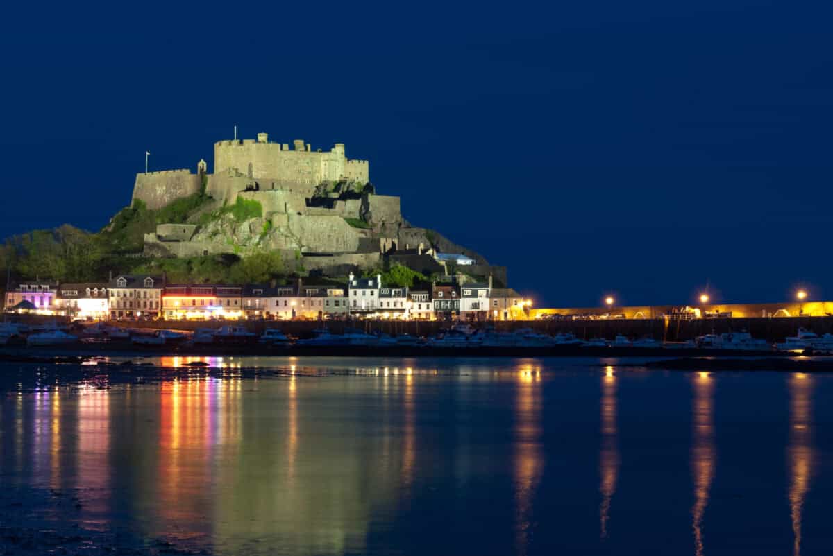 Gorey Castle lit up at night, Gorey, St. Martin, Jersey