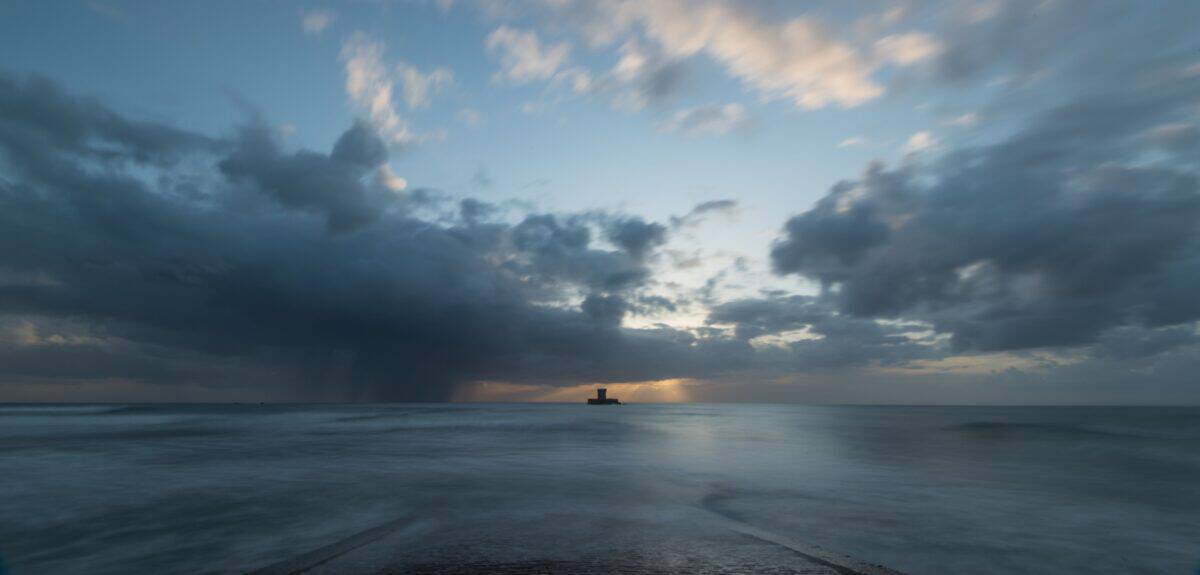 La Rocco Tower at sunset, Le Braye Slipway, St. Brelade, Jersey