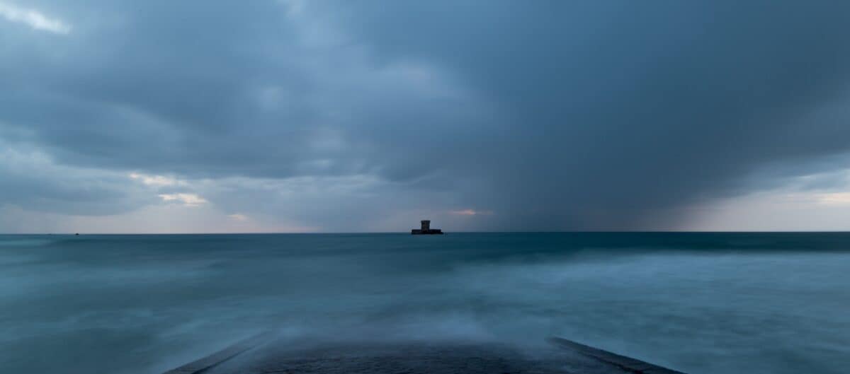 La Rocco Tower after sunset, taken from Le Braye Slipway