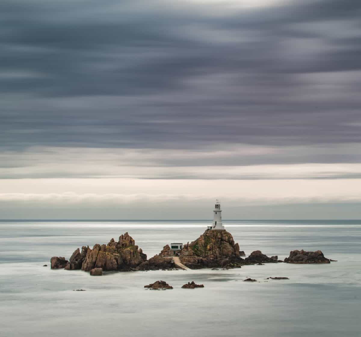 Long exposure at Corbière Lighthouse on a grey and cloudy day