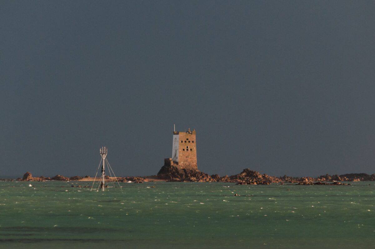 Looking out to sea on a rainy day at Seymour Tower, Grouville