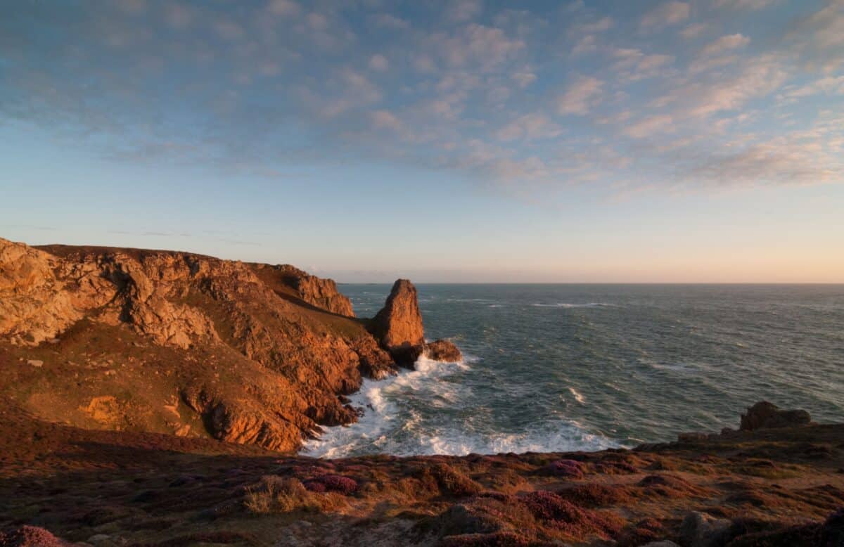 Heather and sunset looking towards Le Pinâcle at Les Landes