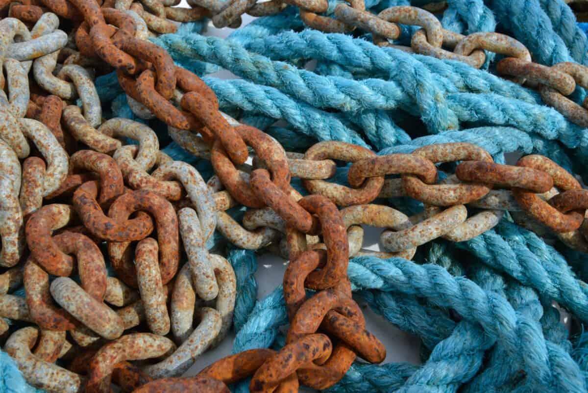 Ropes and chains on a boat at Ouaisné, St. Brelade, Jersey