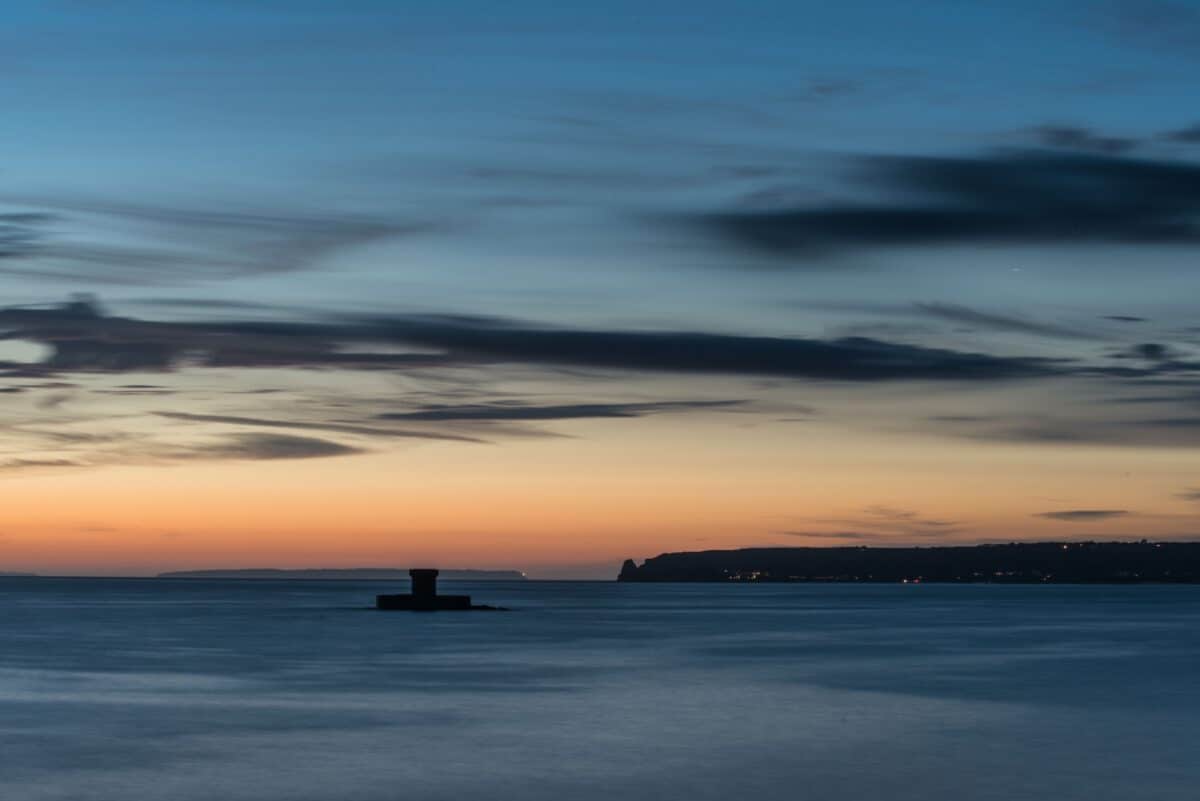 St. Ouen's Bay sunset, La Rocco, Le Pinâcle and other islands