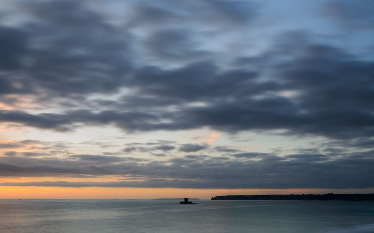 St. Ouen's Bay sunset, La Rocco, Le Pinâcle and other islands