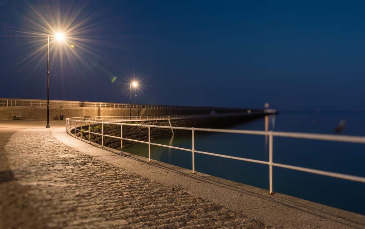 Shallow focus looking down St. Catherine's Breakwater at night