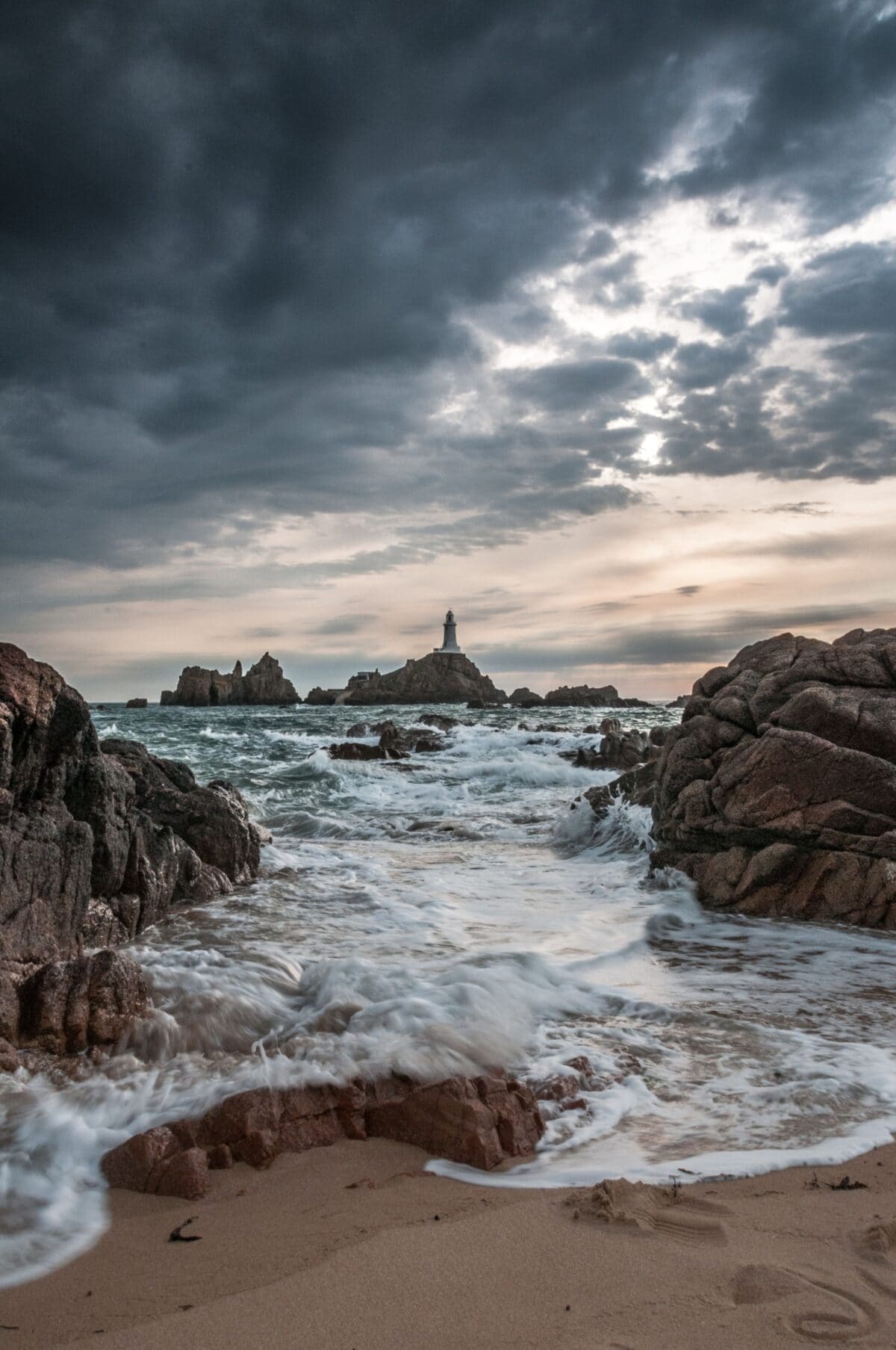 Stormy sky and waves, Corbière Lighthouse, St. Brelade, Jersey