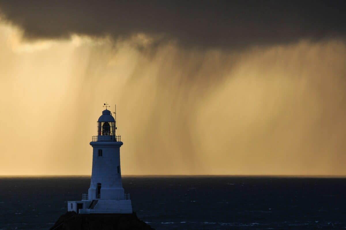 Sunset at Corbière Lighthouse during a really heavy rain storm