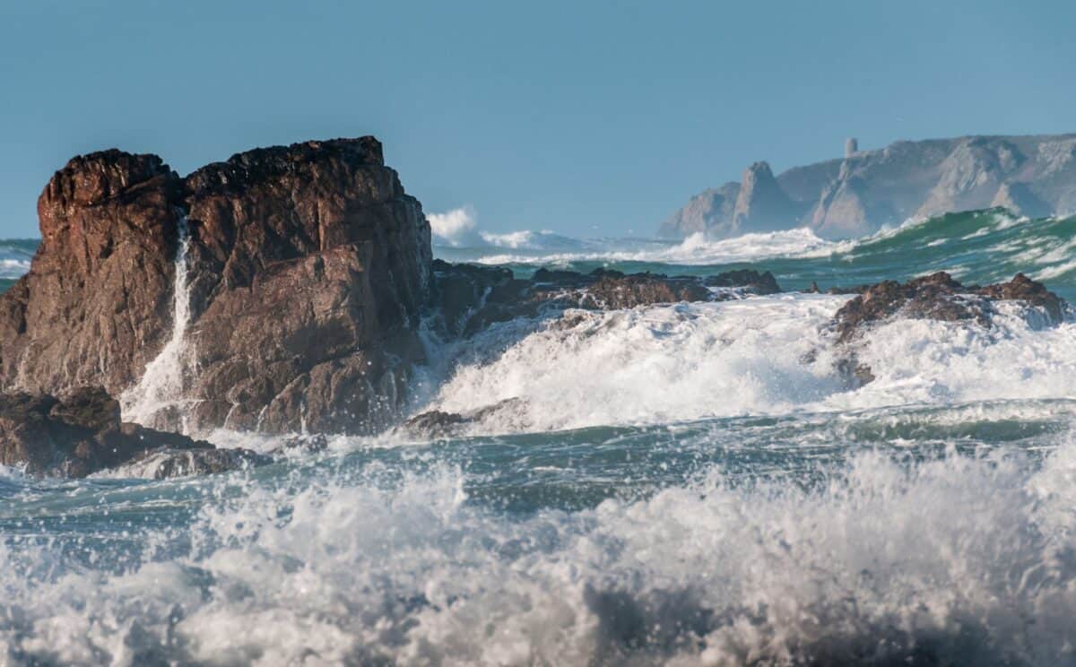 Surf and rocks in St. Ouen’s Bay from Corbière Lighthouse
