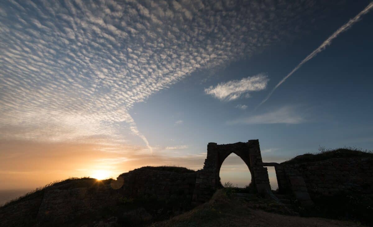 The ruins of Grosnez Castle at sunset, St. Ouen, Jersey