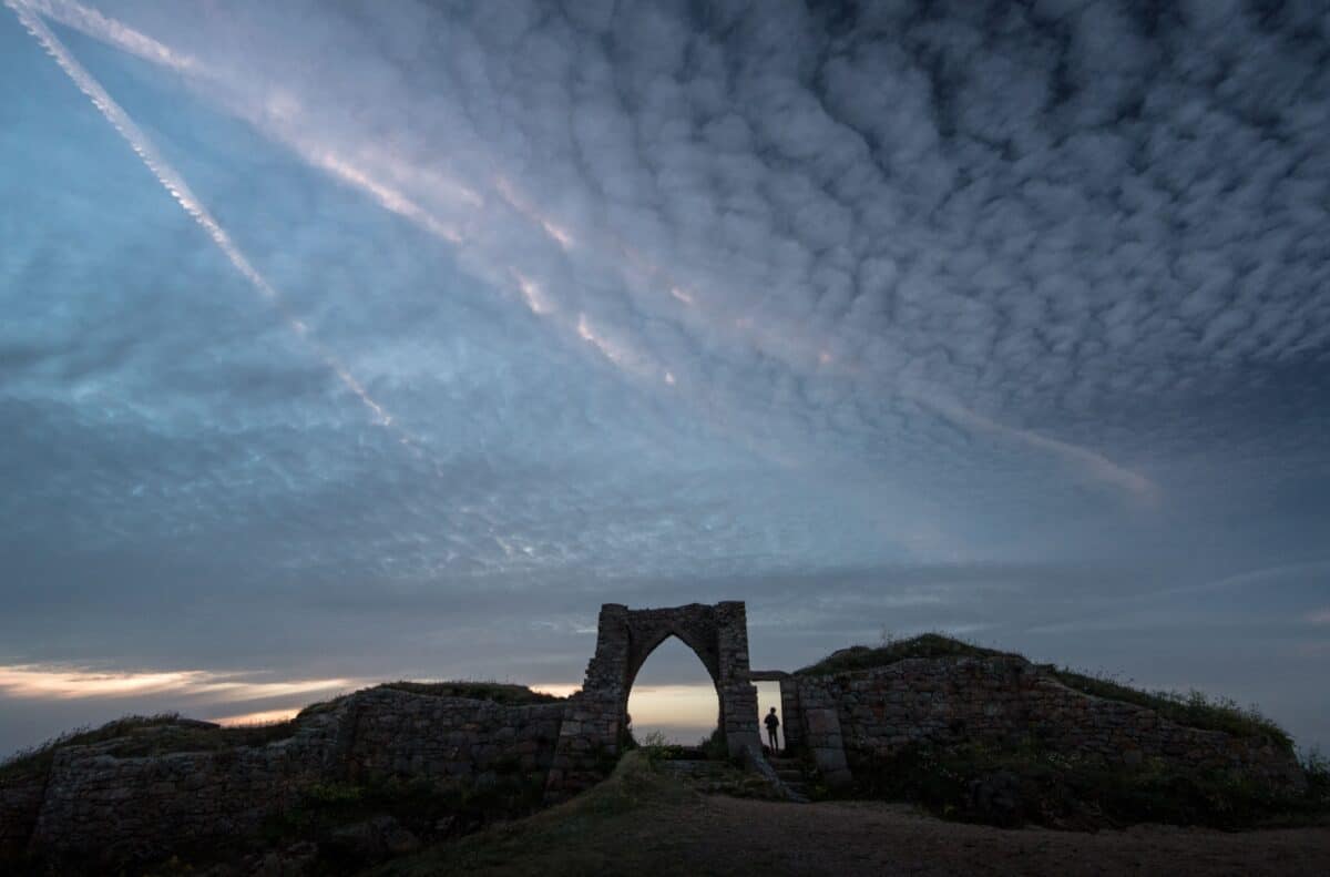 The ruins of Grosnez Castle at sunset, St. Ouen, Jersey