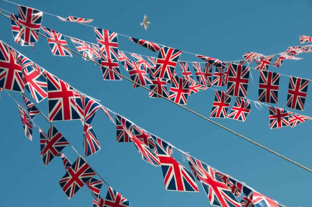 British Union Jack bunting at St. Ouen parish hall