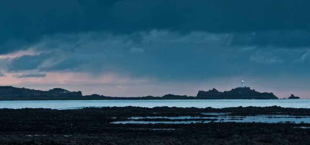 View accross to Corbière Lighthouse, L'Etacq, St. Ouen's Bay